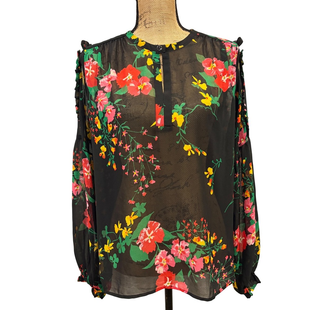 Cabi 5706 Thespian Blouse Black Floral Sheer Ruffle Shoulder Garden Party Medium